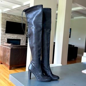 Stuart Weitzman thigh high black leather boots with tie